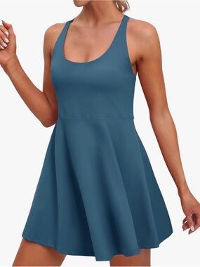 Athletic dress with built-in shorts and bra. The bra does not have pads.
